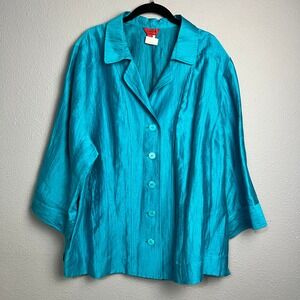 Joni B Woman Metallic Shiny Turquoise Crinkle‎ Texture Button Front Blouse 3X